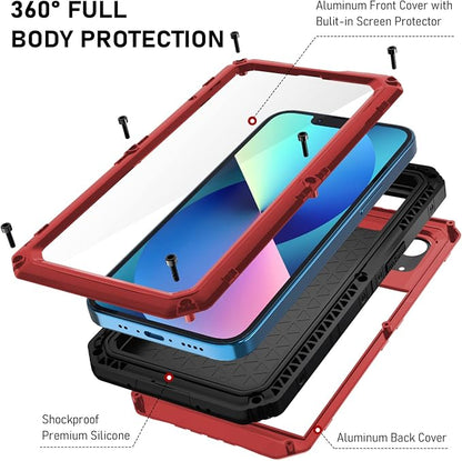 Beasyjoy for iPhone 13 Case Waterproof, Metal Phone Case with Built-in Screen Protector, Heavy Duty Full Body Protective Military Grade Shockproof Rugged Defender Cover 6.1 Inch, Red