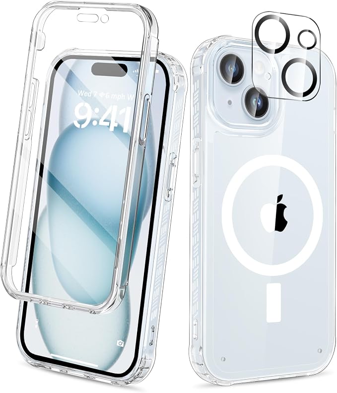 Compatible with iPhone 15 Plus Case Clear, Built-in Screen Protector, with Camera Lens Protector, [Compatible with MagSafe] Full Body Phone Case, Protective Cover for 15Plus 6.7" (Clear)