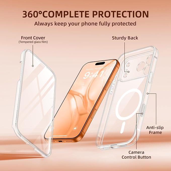 BERFY for iPhone 17 Pro Max Case, Compatible with MagSafe, Built-in Glass Screen Protector, Camera Protection, Shockproof Full Body Phone case 6.9", Clear