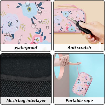 Cute Floral Phone Charger Storage Case Cover Set Colorful White Camellia Flowers Pattern Carrying Bag with Cable Protector Cord Organizer, Lightning Cable Chomper,Charger Saver Compatible for iPhone
