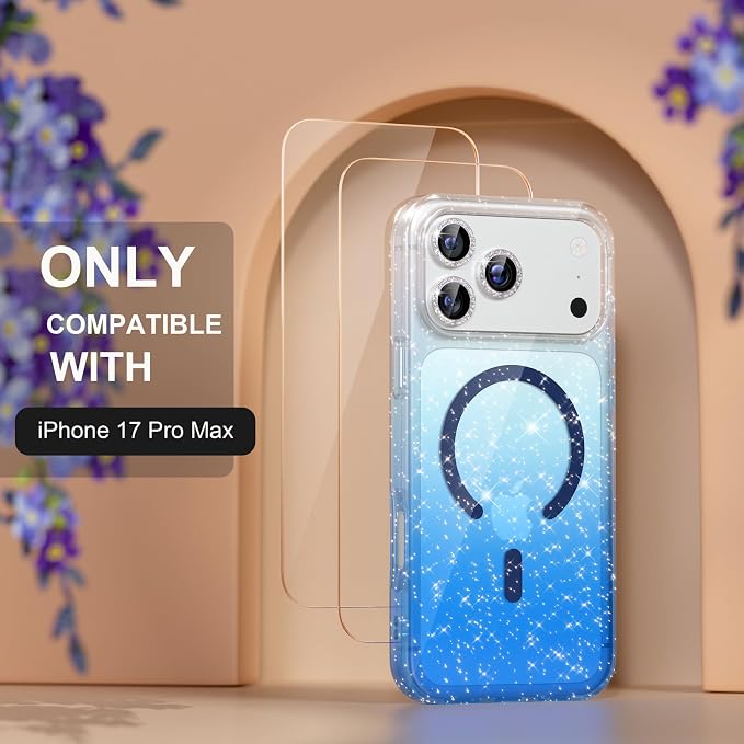 Choiche Magnetic for iPhone 17 Pro Max Case Compatible with MagSafe, Women Cute Glitter Sparkly Phone Case with Diamond Camera Lens Protectors, Military-Grade Drop Protection 6.9" (Clear/Blue)