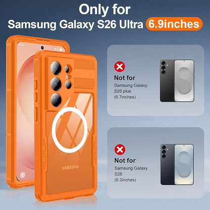 GOLDJU for Samsung Galaxy S26 Ultra Case Waterproof, S26 Ultra Case with Built-in Screen & Lens Protector, Shockproof Full Body Protection Phone Case, Compatible with MagSafe/Wireless Charging, Orange