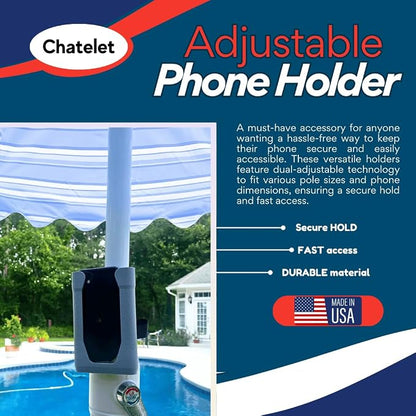 Chatelet Universal Phone Holder with Strap On Design | Phone Mount for Boats, Golf Carts, Pool Umbrellas, Strollers & More | Made in USA (Black)