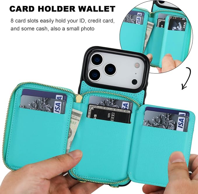 Bocasal Crossbody Wallet Case for iPhone 17 Pro Max, RFID Blocking PU Leather Zipper Handbag Purse Flip Cover, Kickstand Folio Case with Card Slots Holder Wrist Strap Lanyard 5G 6.9 Inch (Mint Green)