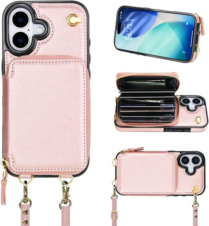 Bocasal Crossbody Wallet Case for iPhone 17, RFID Blocking Leather Purse Case with Card Holder, Protective Handbag Flip Cover with Zipper Wrist Strap Lanyard for Women 5G 6.3 Inch (Rose Gold)
