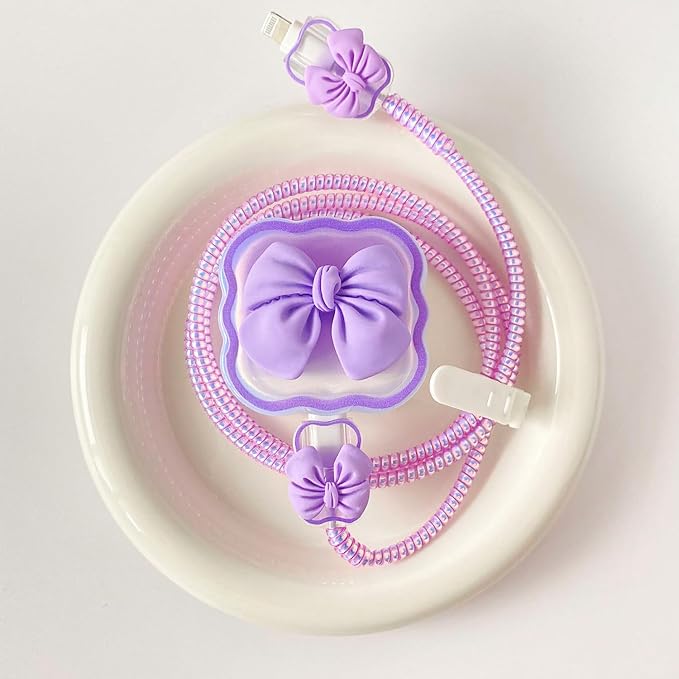 Charger Protection Set, Compatible with Apple 40W Dynamic Power Adapter (with 60W Max), DIY 3D Wave Gradient Flexible TPU Charger Case + Plated Spiral Data Cable Protector, Purple Bow (5in1)
