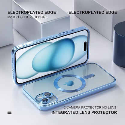 Misea Magnetic for iPhone 15 Case Compatible with MagSafe [Never Yellowing] [Military Grade Drop Protection] Full Camera Lens Protector Plating Soft Clear Phone Case for Women,Sierra Blue