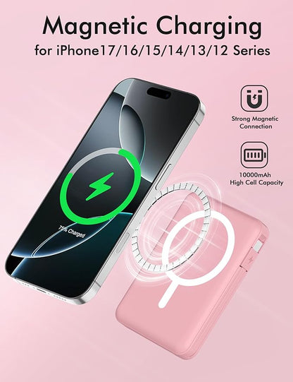 podoru for Magsafe Battery Pack, 10000mAh Magnetic Power Bank Built-in Double USB C Cables 20W PD Fast Charging LED Display Wireless Portable Charger for iPhone 17/16/15/14/13/12 Series-Pink