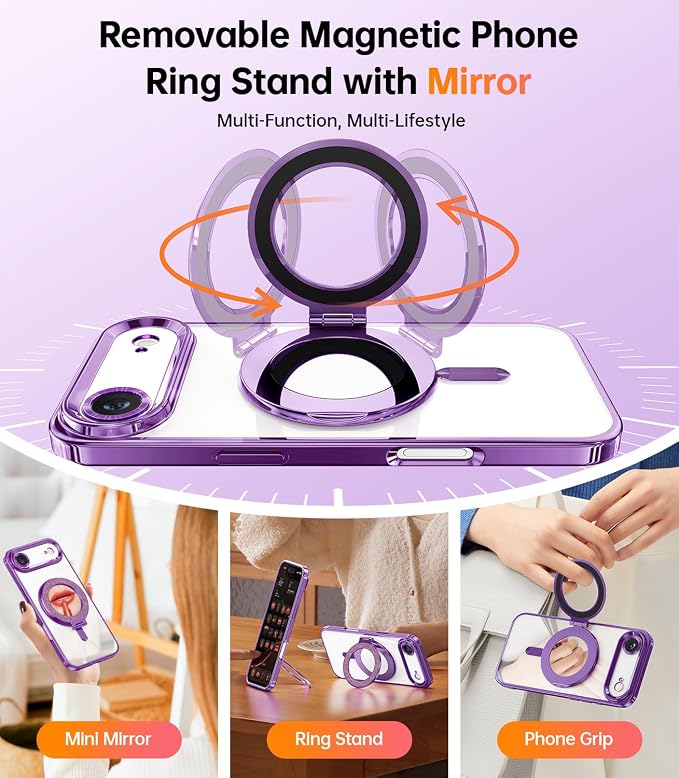 Meifigno Designed for iPhone Air Case with Ring Stand (6.5"), [Built-in Mirror] [Compatible with MagSafe] [Glitter Card & Wrist Strap] Removable Phone Stand +Designed for iPhone 17 Air Case, Purple