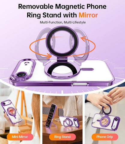 Meifigno Designed for iPhone Air Case with Ring Stand (6.5"), [Built-in Mirror] [Compatible with MagSafe] [Glitter Card & Wrist Strap] Removable Phone Stand +Designed for iPhone 17 Air Case, Purple