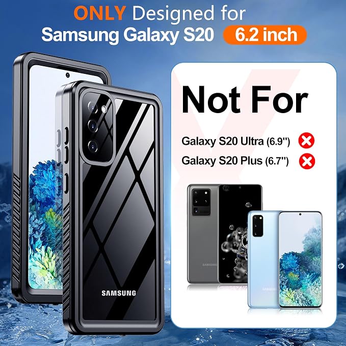 Hualele Galaxy S20 Case Waterproof, Built in Lens & Screen Protector Rugged Full Body Heavy Duty Protective Shockproof IP68 Underwater Case for Samsung Galaxy S20 Black