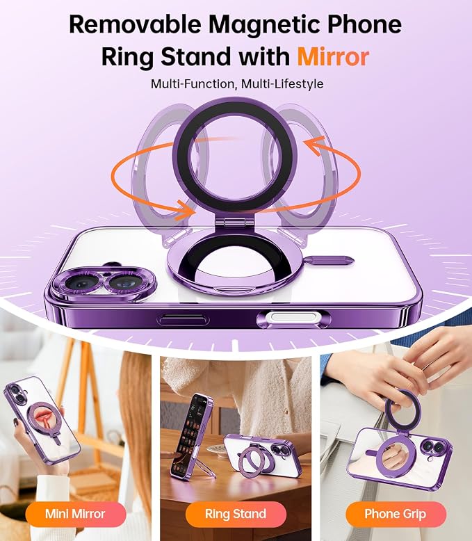 Meifigno Designed for iPhone 17 Case with Ring Stand (6.3"), [Built-in Mirror] [Compatible with MagSafe] [Glitter Card & Wrist Strap] Removable Phone Stand +Designed for iPhone 17 Case, Purple