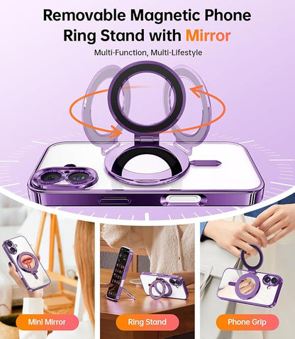 Meifigno Designed for iPhone 17 Case with Ring Stand (6.3"), [Built-in Mirror] [Compatible with MagSafe] [Glitter Card & Wrist Strap] Removable Phone Stand +Designed for iPhone 17 Case, Purple