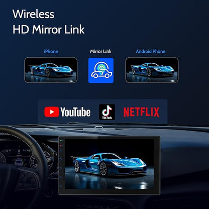 Double Din Car Stereo Radio with 7 inch HD Touchscreen, Wireless Apple Carplay & Android Auto, Bluetooth, SWC, Mirror Link, AUX,FM Car Radio Receiver(No backup reversing camera)|for All Vehicle