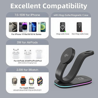 Wireless Charging Station, Qi2 15W 4-in-1 Charger Station for iPhone 17/16/15/14/13/12 Series, Watch Airpods 1-8/Ultra, iPad, AirPods (Black 4 in 1)