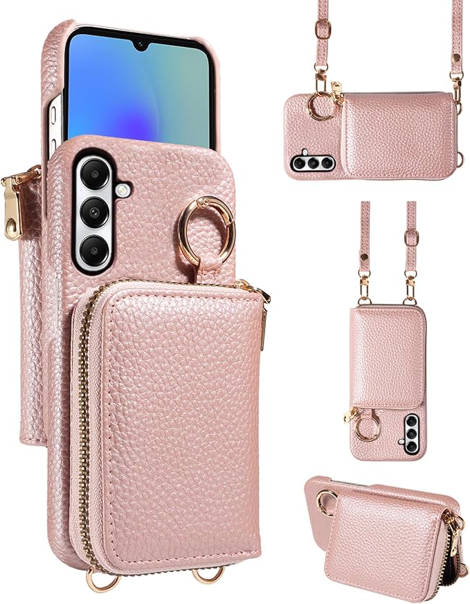 Wallet Case for Samsung Galaxy A34 5G with Shoulder Strap Ring Buckle, Luxury PU Leather Zipper Flip Organ Purse Credit Card Holder Stand Full Body Cell Phone Cover for A 34 34A Women Rose Gold