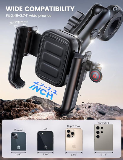 Lamicall Motorcycle Phone Mount Holder - [All Metal] [Anti Shake] [Extendable Arm] Bike Phone Holder Handlebar Clamp, Bicycle Cell Phone Mount, Gifts for iPhone 17 16 Pro Max, Galaxy, 4.7-7.2" Phones