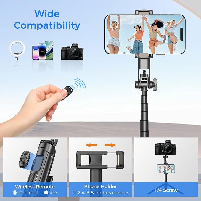 Selfie Stick Travel Tripod for Cell Phone with Remote Control and Phone Holder, Extendable Selfie Stick for iPhone, iPhone Tripod for Video Recording, 63 Inch, Black