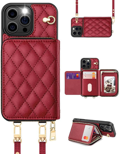 OCASE Compatible with iPhone 16 Pro Max Crossbody Wallet Case with Card Holder, PU Leather Zipper Handbag Phone Purse with RFID Blocking Kickstand Wrist Strap Lanyard 6.9 Inch, Diamond Check Red