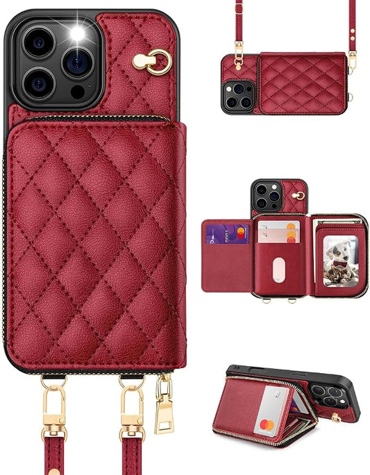 OCASE Compatible with iPhone 16 Pro Max Crossbody Wallet Case with Card Holder, PU Leather Zipper Handbag Phone Purse with RFID Blocking Kickstand Wrist Strap Lanyard 6.9 Inch, Diamond Check Red