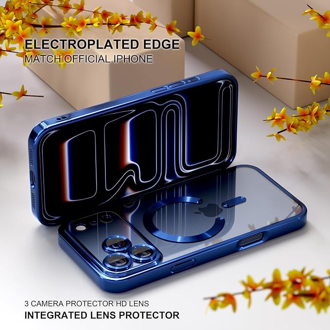 Misea Magnetic for iPhone 17 Pro Case Compatible with MagSafe [Never Yellowing] [Military Grade Drop Protection] Full Camera Lens Protector Plating Soft Clear Phone Case for Women, Deep Blue