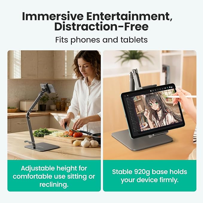 Ergonomic Phone iPad Stand for Desk - Ultra Sturdy Base, Adjustable & Foldable Mobile Holder with 2 Extendable Clamps, Work from Home Essentials Compatible with iPhone/iPad (1 Pack)