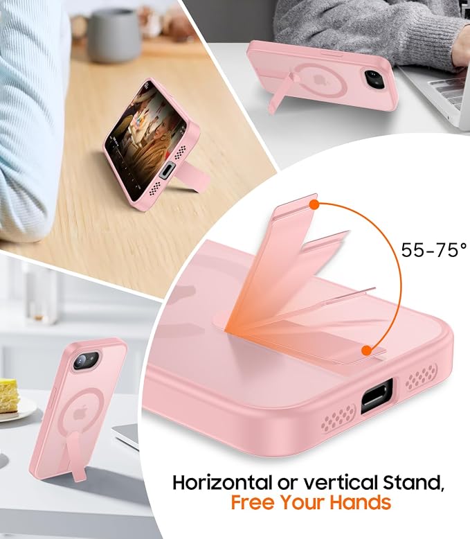 for iPhone 16e Case with Stand, Fit for MagSafe, Slim Translucent Matte Military-Grade Drop Protection Magnetic Kickstand Cover, Pink