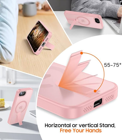 for iPhone 16e Case with Stand, Fit for MagSafe, Slim Translucent Matte Military-Grade Drop Protection Magnetic Kickstand Cover, Pink