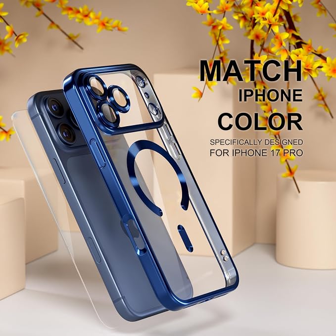 Misea Magnetic for iPhone 17 Pro Case Compatible with MagSafe [Never Yellowing] [Military Grade Drop Protection] Full Camera Lens Protector Plating Soft Clear Phone Case for Women, Deep Blue