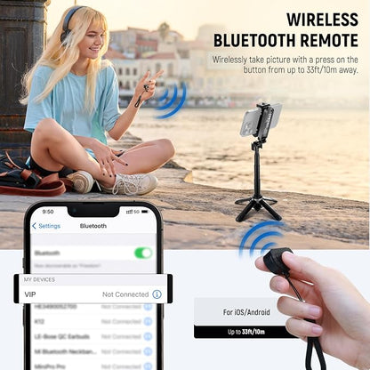 NEEWER Selfie Stick with Detachable Bluetooth Remote Shutter, Lightweight Foldable Travel Tripod for iPhone for YouTube/TikTok Vlogs Live Streaming Photography, Black, P15