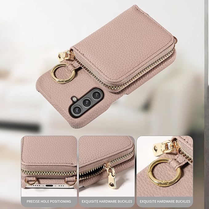 Wallet Case for Samsung Galaxy A36 5G with Shoulder Strap Ring Buckle, PU Leather Zipper Flip Organ Purse, Credit Card Holder Stand Full Body Cell Phone Cover for A 36 36A LTE SM-A366U Khaki