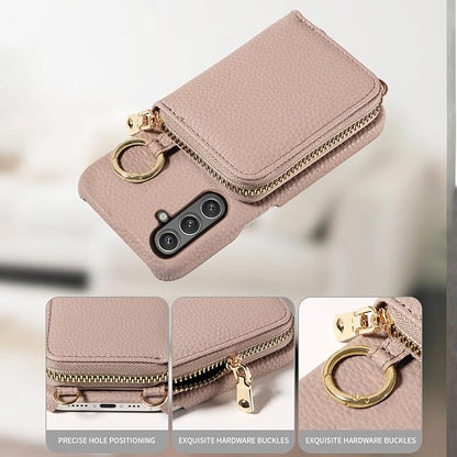 Wallet Case for Samsung Galaxy A36 5G with Shoulder Strap Ring Buckle, PU Leather Zipper Flip Organ Purse, Credit Card Holder Stand Full Body Cell Phone Cover for A 36 36A LTE SM-A366U Khaki