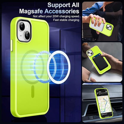 MOCCA Strong Magnetic for iPhone 13 Case, [Compatible with Magsafe][Screen Protector+Camera Lens Protector] Translucent Matte Back Slim Shockproof Case for iPhone 13 Phone Case 6.1", Fluorescent Green