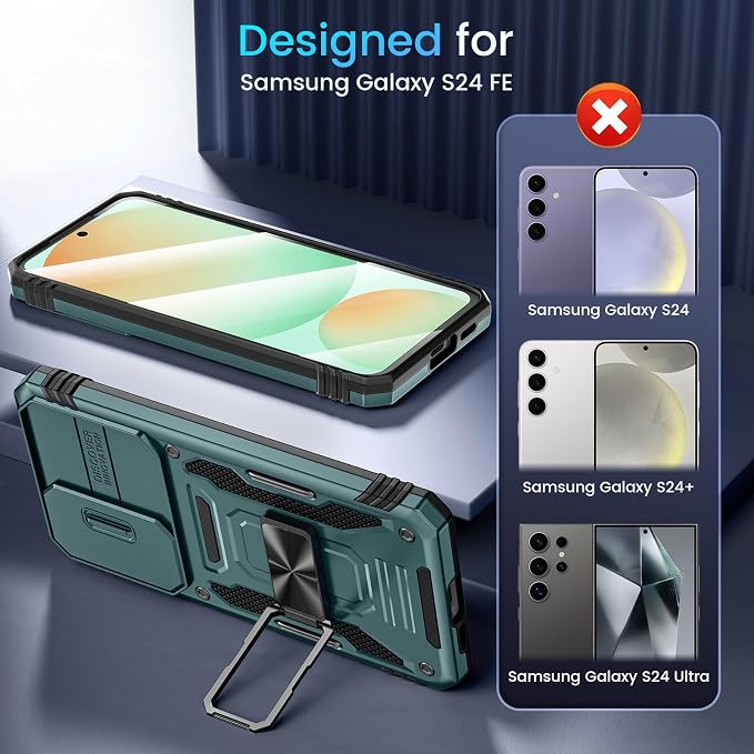 Caka for Samsung Galaxy S24 FE Case [HD Screen Protector] [Full Camera Lens Cover] [360°Rotated Kickstand Ring] [Heavy Duty Protection] Hard Rugged Protective Phone Cover for S24 FE - Alpine Green