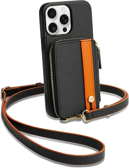 LAMEEKU for iPhone 15 Pro Max Wallet Case with Card Holder, Zipper Leather Crossbody Case with Kickstand Wrist Strap Lanyard for Women, Cover Phone Grip Holder Stand 6.7" -Black