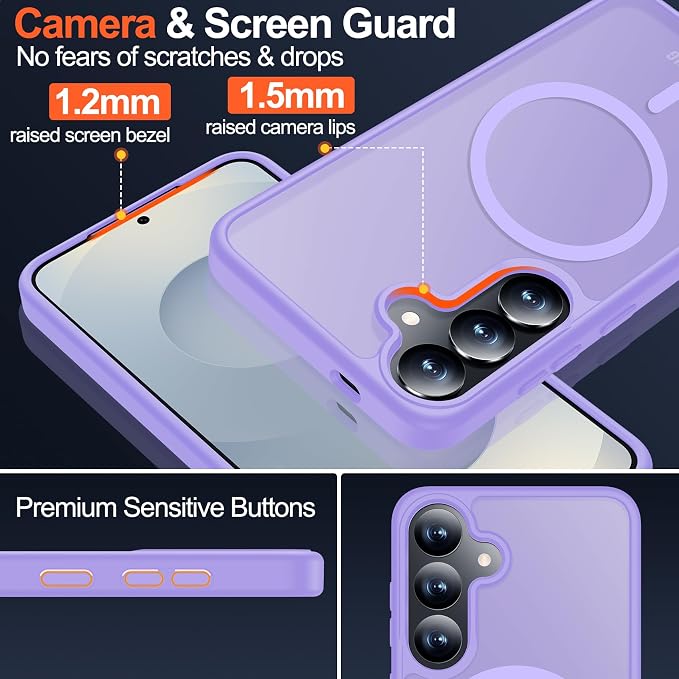 MOZOTER for Samsung Galaxy S25 Case with Magnetic,[Compatible with MagSafe][15Ft Military Dropproof][2*Screen Protector] Translucent Matte Anti-Slip Back Slim Shockproof Case for S25,(Purple)