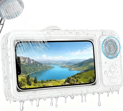 Waterproof Shower Phone Holder with Bluetooth Speaker, 100% Waterproof Fog‑Resistant Bathroom Phone Case, 480° Rotatable Retractable Mount for All Phones (White)