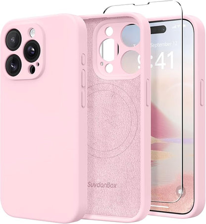 Magnetic for iPhone 15 Pro Max Case, Compatible with MagSafe, [Full Camera Protection][Screen Protector] Silicone Shockproof Protective Phone Case for iPhone 15 Pro Max 6.7", Chalk Pink