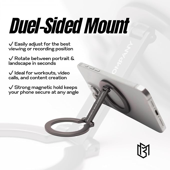 Magnetic Bag Company - Double Magnetic Ring Phone Holder, Compatible with MagSafe, Dual-Sided Mount for iPhone 16/15/14/13/12 Series, Attach to Iron/Steel Surfaces, Gym and Fitness Accessory