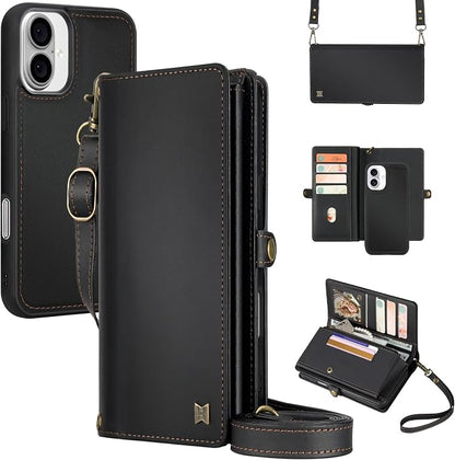 for Wallet Case Compatible with iPhone 16 Plus,Multi-Function Detachable 2 in 1 Magnetic iPhone 16 Plus Case Wallet,Flip Strap Zipper Card Holder Phone Case with Shoulder Straps (Black)