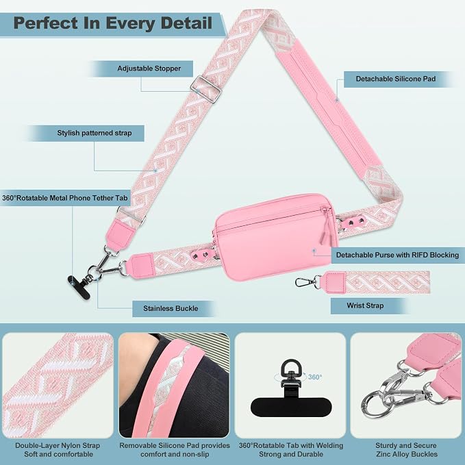 YFWE Clip and Go Strap for Phone with Wallet Crossbody, Adjustable Phone Lanyard with Detachable RFID Wristlet Wallet, Pattern Strap - Pink(L)