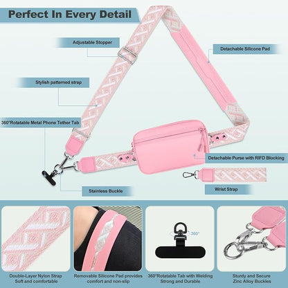 YFWE Clip and Go Strap for Phone with Wallet Crossbody, Adjustable Phone Lanyard with Detachable RFID Wristlet Wallet, Pattern Strap - Pink(L)
