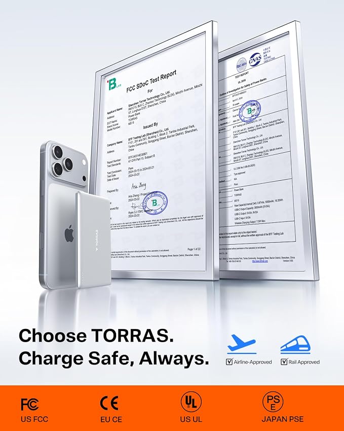 TORRAS MiniMag Power Bank, Ultra Slim 5,000mAh Wireless Portable Charger with USB-C Cable, Fast Charging iPhone Air MagSafe Battery Compatible for iPhone 17 Pro Max/17 Pro/Air/17/16/15/14/13/12,White
