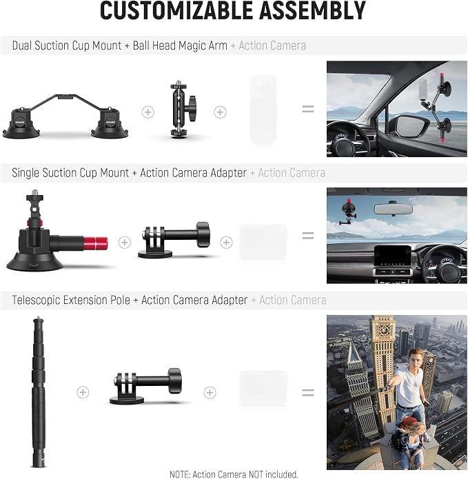 NEEWER Triple Suction Cup Car Mount Compatible with Insta360 X5 X4 GoPro DJI OSMO 360 Cameras, Quick Release Outside Windshield Magic Arm Mount Kit with 2 in 1 Extension Pole/Selfie Stick, CA065