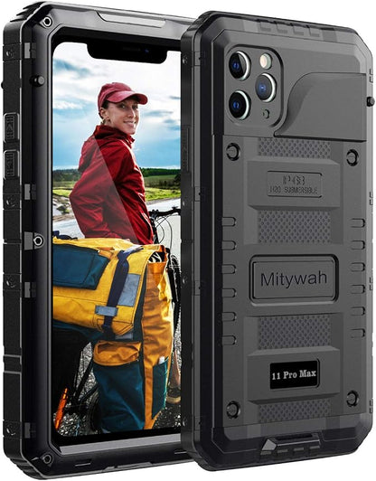 Mitywah Waterproof Case for iPhone 11 Pro Max, Heavy Duty Military Grade Metal Case Built-in Screen Protection, Full Body Protective Rugged Defender Phone Case, Black