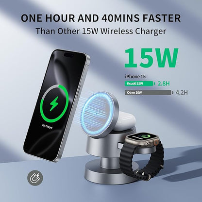 4 in 1 Magnetic Wireless Charging Station,15W Fast Charging with Night Light for MagSafe Charger Stand,3 in 1 Wireless Charger for iPhone 17/16/15/14/13Pro Max,Apple Watch&AirPods,Titanium Gray