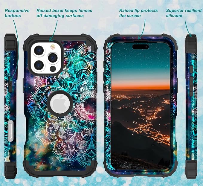 Hocase for iPhone 16 Pro Case 6.3", Heavy Duty Shockproof Protection Soft Silicone Rubber+Hard Plastic Bumpers Hybrid Protective Case for iPhone 16 Pro 2024 - Mandala in Galaxy