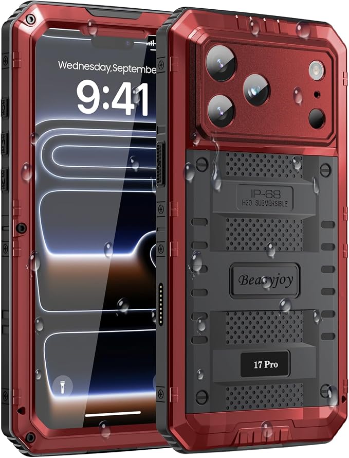 Beasyjoy for iPhone 17 Pro Case Waterproof, Heavy Duty Metal Full Body Protection, Built-in Screen Protector, Military Grade Shockproof Dustproof Rugged Cover for iPhone 17 Pro 6.3", Red