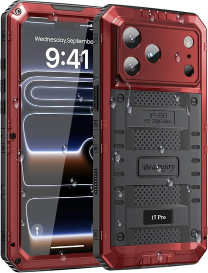 Beasyjoy for iPhone 17 Pro Case Waterproof, Heavy Duty Metal Full Body Protection, Built-in Screen Protector, Military Grade Shockproof Dustproof Rugged Cover for iPhone 17 Pro 6.3", Red