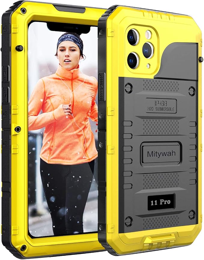 Mitywah Waterproof Case for iPhone 11 Pro, Heavy Duty Military Grade Shockproof Cover Built-in Screen Protection, Rugged Thick Full Body Protect Metal Case for iPhone 11 Pro, Yellow